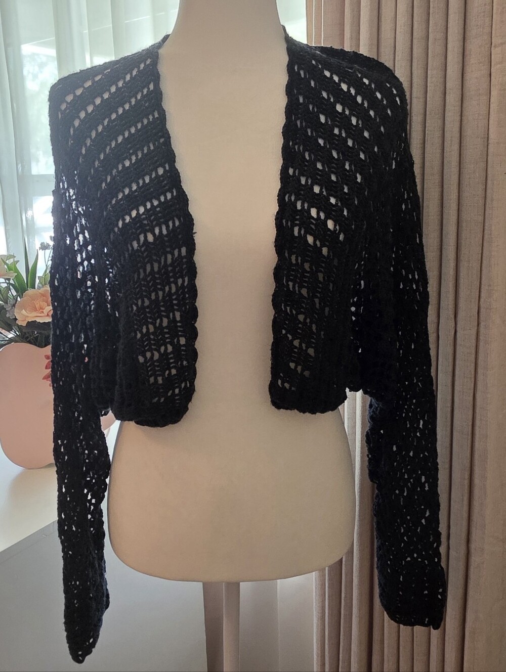 Chico's Black Crochet Open Knit Shrug Cardigan S/M Boho Goth Cover Up Flawed